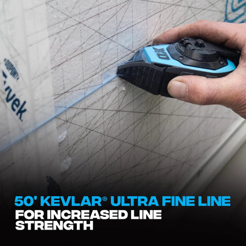 Hand using 50ft Precision Chalk Line Tool Value Pack with Kevlar Ultra Fine Line, 3:1 Gear for accurate line snapping on a wall.
