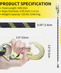Close-up of Pro Grade 50Ft Vertical Lifeline Kit with heavy-duty rope, steel snap hook, rope grab, and shock absorber dimensions.