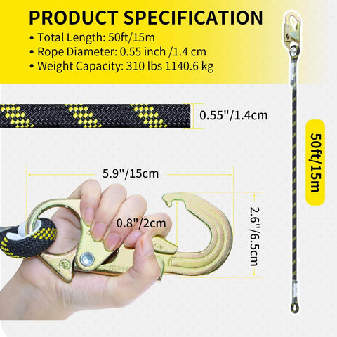 Close-up of Pro Grade 50Ft Vertical Lifeline Kit with heavy-duty rope, steel snap hook, rope grab, and shock absorber dimensions.