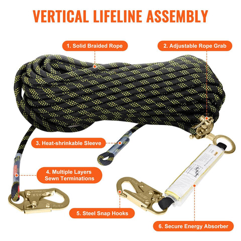 Secure elevated work with a 50 ft vertical lifeline kit featuring 0.55 inch polyester rope, 30 kN breaking strength, steel snap hooks.