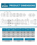 Technical diagram of #50 Heavy Duty Roller Chain - 10 Feet + 2 Free Connecting Links - #50H with product dimensions and specs.
