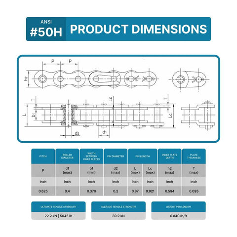Technical diagram of #50 Heavy Duty Roller Chain - 10 Feet + 2 Free Connecting Links - #50H with product dimensions and specs.