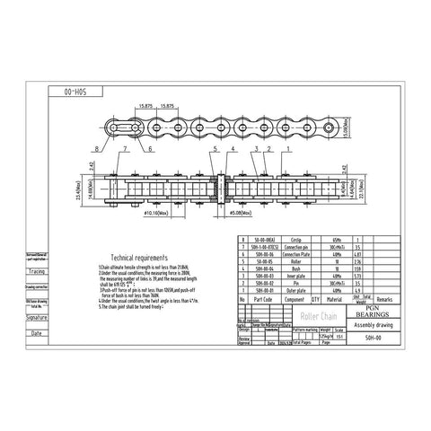 Technical drawing of #50 Heavy Duty Roller Chain - 10 Feet + 2 Free Connecting Links - #50H, showing link dimensions and specifications.