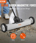 Effortless, heavy duty rolling magnetic sweeper with a 24 inch wide magnet and 50 lb pickup capacity shown picking up debris.