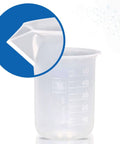 Side view of 50ml High Clarity Polypropylene Beaker with raised graduations, focusing on pour spout detail, part of pack of 12 lab beakers.