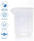 50ml High Clarity Polypropylene Beaker Set With Raised Graduations, single beaker highlighting measurement marks and quality icons