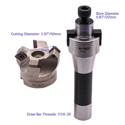 Heavy Duty 50mm Cutting Diameter 45 Degree 4 Flute Indexable CNC Face End Mill Shell Cutter KM12 50-22-4T with 0.87In Bore R8 FMB22 Arbor