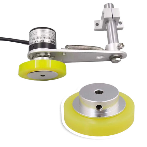 Pro Grade 50mm Aluminum Encoder Wheel With Silicone Surface for rotary encoders, 6mm bore, M5 screws, industrial wheel installed view