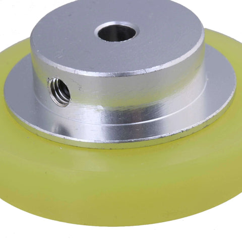 Close-up of Pro Grade 50mm Aluminum Encoder Wheel with Silicone Surface, featuring 6mm bore and M5 screws for rotary encoders.