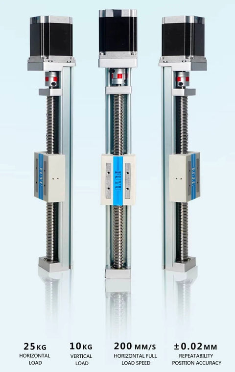 Three 50mm CNC Linear Guide Modules with Ball Screw, Nema 23 Stepper Motor, 50mm Stroke, no-rail design, ±0.02mm repeat accuracy.