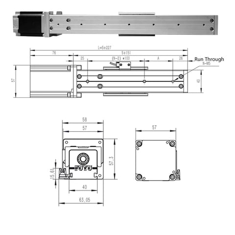 Technical drawing of 50mm CNC Linear Guide Module with Ball Screw, Nema 23 Stepper Motor, 50mm Stroke and Compact No-Rail Design.