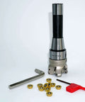Beefy 50mm EMR Round Dowel Face Mill Kit with Four Slot High Efficiency Cutter, RPMT1204 Carbide Inserts, R8 FMB22, T15 Wrench, and Spanner