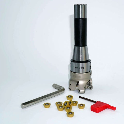 Beefy 50mm EMR Round Dowel Face Mill Kit with Four Slot High Efficiency Cutter, RPMT1204 Carbide Inserts, R8 FMB22, T15 Wrench, and Spanner