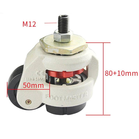 Close-up of 50mm Heavy Duty Adjustable Swivel Castor Wheel with metal and rubber components for machinery and furniture.