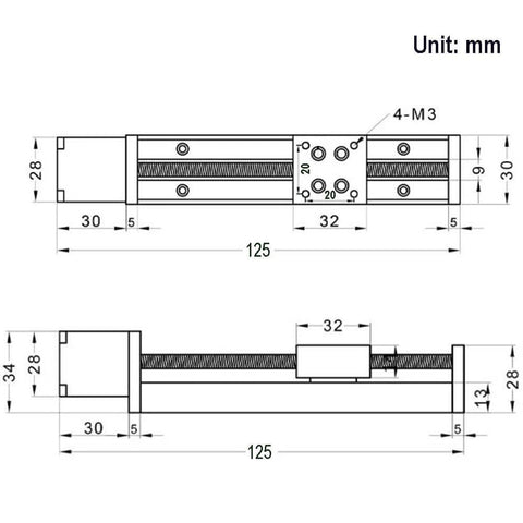 Technical drawing of 50mm Effective Travel Length Mini Linear Rail Guide Lead Screw T6x1 with NEMA11 Stepper Motor for DIY/CNC Router Parts X Y Z Linear Stage Actuator, showing dimensions in millimeters from front and side views.