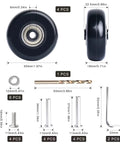 50mm Luggage Wheel Replacement Kit With Precision Ball Bearings 4 Pcs Swivel Caster Wheels For Suitcase Travel Upgrade Includes Drill Bit And Easy Install For Durable Luggage Replacement Parts Built To Extend Luggage Life And Improve Mobility, showing components and measurements.