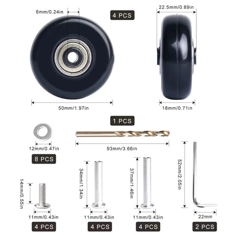 50mm Luggage Wheel Replacement Kit With Precision Ball Bearings 4 Pcs Swivel Caster Wheels For Suitcase Travel Upgrade Includes Drill Bit And Easy Install For Durable Luggage Replacement Parts Built To Extend Luggage Life And Improve Mobility, showing components and measurements.