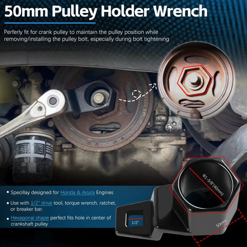 Crank Pulley Tool Kit For Honda And Acura With 19mm Harmonic Balancer Socket And 50mm Crankshaft Pulley Holder Wrench Pro Grade