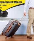 2 Inch Wear Resistant Mute Luggage Replacement Wheels Set with 4 Rubber Swivel Casters Measuring 49 x 18 mm, suitcase in use.
