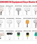 Display of 50 Piece Heavy Equipment Keys Master Set For Construction Ignition Keys Cat Caterpillar John Deere Case Volvo Komatsu