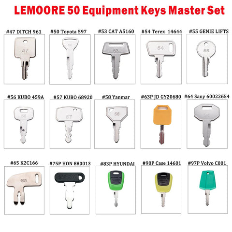 Display of 50 Piece Heavy Equipment Keys Master Set For Construction Ignition Keys Cat Caterpillar John Deere Case Volvo Komatsu
