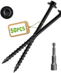 50pcs #14 x 4 Inch Heavy Duty Wood Structural Screws, Black Hex Head Timber Screws, shown with hex socket and label
