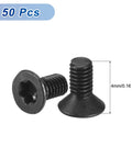 Close-up of two M2-0.4 x 4mm Flat Torx Head Machine Screws, 10.9 Grade Carbon Steel, black oxide finish, countersunk head