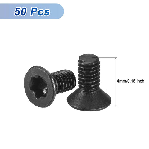 Close-up of two M2-0.4 x 4mm Flat Torx Head Machine Screws, 10.9 Grade Carbon Steel, black oxide finish, countersunk head