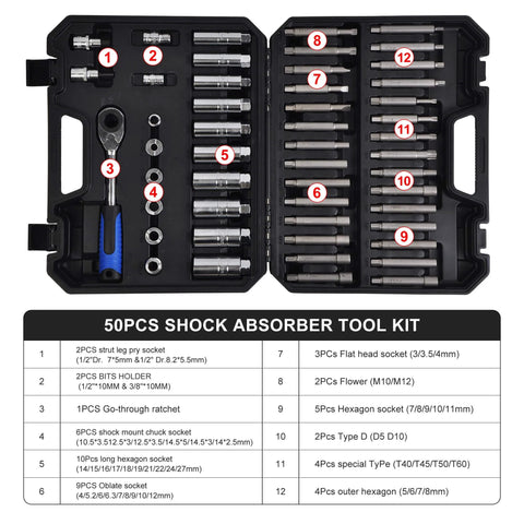 Heavy Duty 50 Piece Nut Socket Set For Strut Mounts And Shock Absorbers All In One Auto Tool Kit Pro Grade With 29 Counterholding Bits