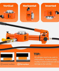 Heavy Duty Bonvoisin 50 Ton Hydraulic Ram Cylinder With 0.63 Inch Stroke Low Profile Porta Power Jack shown in vertical, horizontal, and inverted positions with usage tips.
