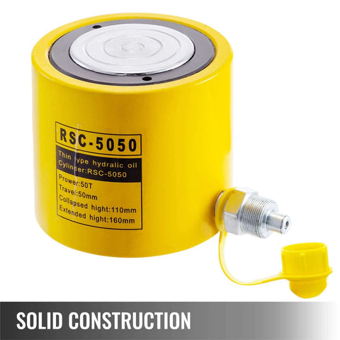 Beefy 50 Ton Hydraulic Jack With 2 Inch Stroke Solid Single Acting Ram Cylinder 50Mm Bore Lifting Tool, yellow steel, side view