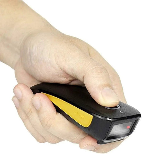 Hand holding Compact Bluetooth Barcode Scanner For 1D And 2D Codes, Mini Wireless USB Cordless Reader For Inventory