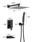 Shower Faucet Set, Matte Black 10-Inch Rain Head with Handheld and Valve dimensions with measurements and layout.