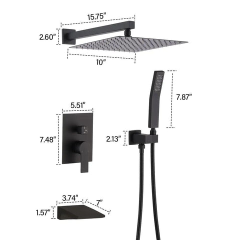 Shower Faucet Set, Matte Black 10-Inch Rain Head with Handheld and Valve dimensions with measurements and layout.