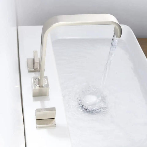 Brushed Nickel Two Handle Widespread Bathroom Sink Faucet, Solid Brass Construction, 8 Inch Center, Slick Waterfall Style Basin Mixer, 3 Hole Vanity Faucet, Contemporary Look, Easy Temperature Control, Fingerprint Resistant Finish