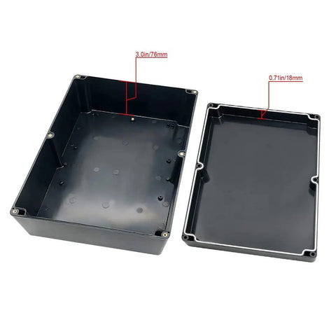 Pro Grade Abs Plastic Project Box Featuring IP65 Beat The Rain Seal For Garage Builds And Roofline Work in black, showing interior dimensions.