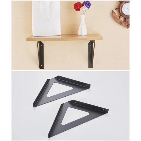 Super Heavy Duty Wrought Iron Shelf Brackets Corner Wall Mounts with triangular black iron design for strong support.