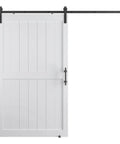 Front view of 48x84 Inch Sliding Barn Door With 8 Foot Hardware Kit Handle Floor Guides And Easy DIY Installation White MDF Door With Waterproof PVC Surface H Frame Pre Drilled Holes And Installation Manual CARB P2 Pine Core