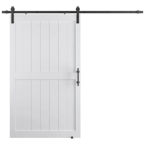Front view of 48x84 Inch Sliding Barn Door With 8 Foot Hardware Kit Handle Floor Guides And Easy DIY Installation White MDF Door With Waterproof PVC Surface H Frame Pre Drilled Holes And Installation Manual CARB P2 Pine Core