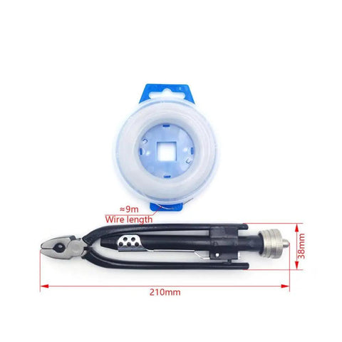 Beefy Pro Grade Heavy Duty Lock Wire Twisting Tool Set With Stainless Steel Jaws shown with measurement details and wire spool.