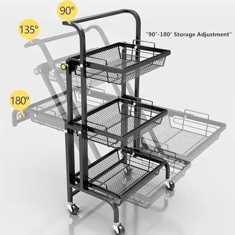 Heavy Duty Metal Rolling Storage Cart With Smooth Rolling Wheels For Kitchen Bathroom Laundry And Office Folding Utility Shelf showing adjustable 90-180 degree positions.