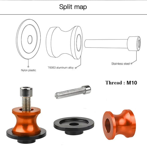 2Pcs 10mm Swing Arm Spools For Motorcycles CNC Aluminum Beefy Sliders M10x1.5 Screw Kit diagram and parts in orange