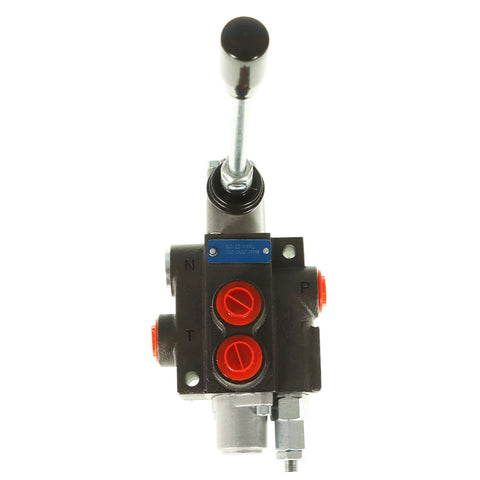 Front view of a black single-spool hydraulic directional control valve with chrome lever and red port caps.