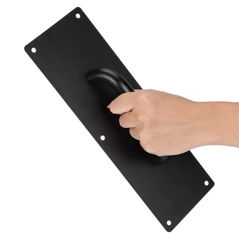 12 Inch Stainless Steel Push Pull Door Handle Set With Black Finish Including Mounting Screws Built Tough Heavy Duty Surface Mount Door Pull Plate And Push Plate Kit For Office Home Shop Warehouse Cabinets, hand gripping black pull plate