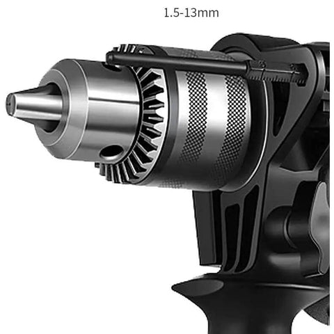 Pro Grade Hand Electric Drill Delivering Solid Punch Action And Sharp High Carbon Steel Bits Variable Speed Setting close-up of 13mm collet