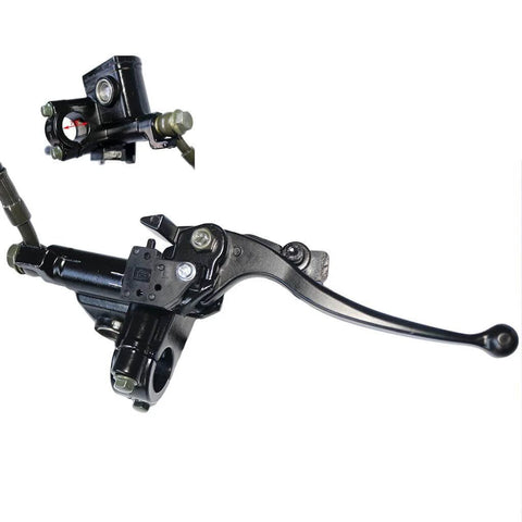 Front view of Rear Hand Hydraulic Disc Brake Master Cylinder Caliper Assembly with new brake pads for 50cc to 250cc ATVs quads.