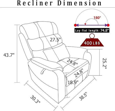 Recliner dimensions illustration for Luxurious Electric Lift Recliner Chair For Seniors With Heat Massage, Left Side Tray Table, USB Charging Ports.