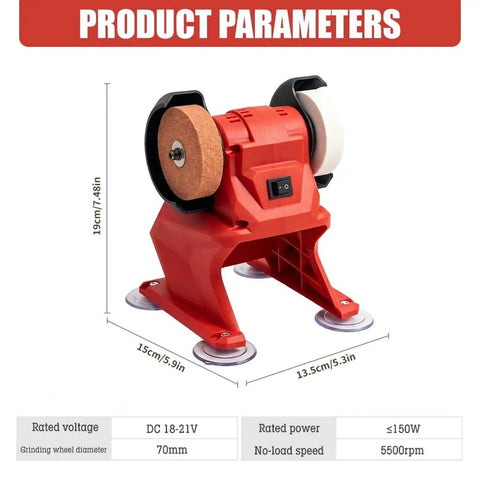 Badass Performance Compact 21V Cordless Bench Grinder With Coarse Plus Fine Dual Wheels, 5500 RPM, tabletop setup with suction mount.