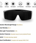 Legit Heavy Duty IPL Laser Safety Glasses With Solid Eye Protection And Broad Spectrum Shielding Against Ultraviolet Blue Light And Infrared Beams For Laser Hair Removal Treatment, showing durable black frames and lenses.