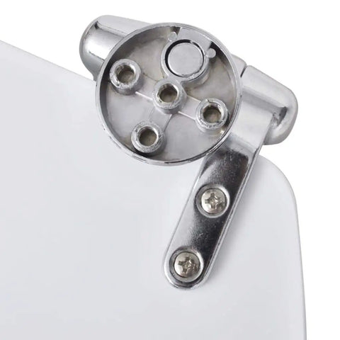 Dual Pack Soft Close Toilet Seats MDF Bathroom Hardware white heavy duty hinge with chrome finish and mounting details.